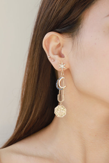 Inlaid Rhinestone Moon and Star Drop Earrings